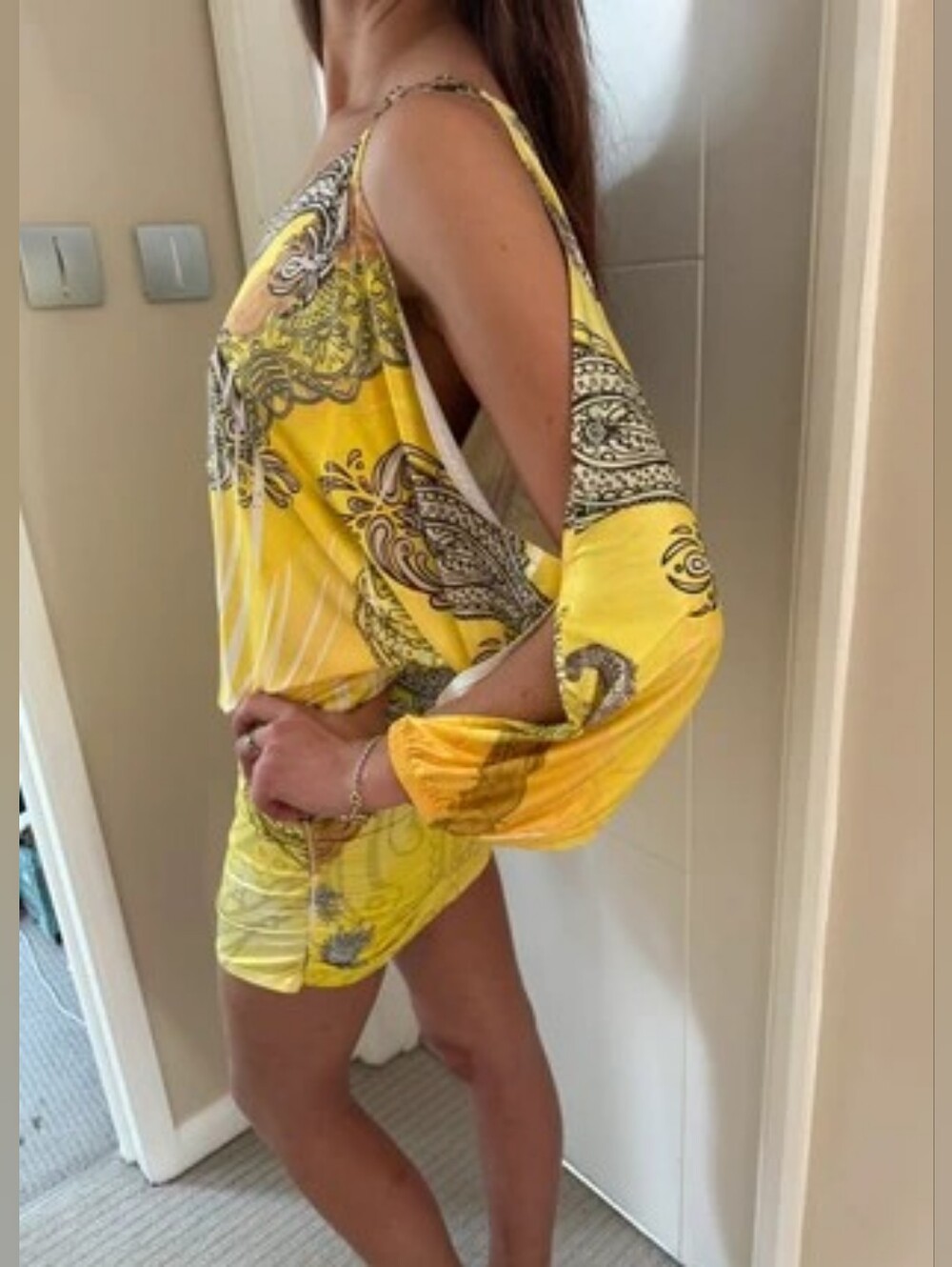 VENUS Sz M Yellow Printed Cold-Shoulder Women's Mini Dress